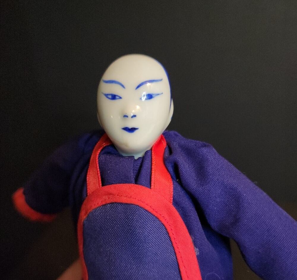 Vtg Blue & White Porcelain Chinese Doll, 8" Long, Cloth Body. Oriental.